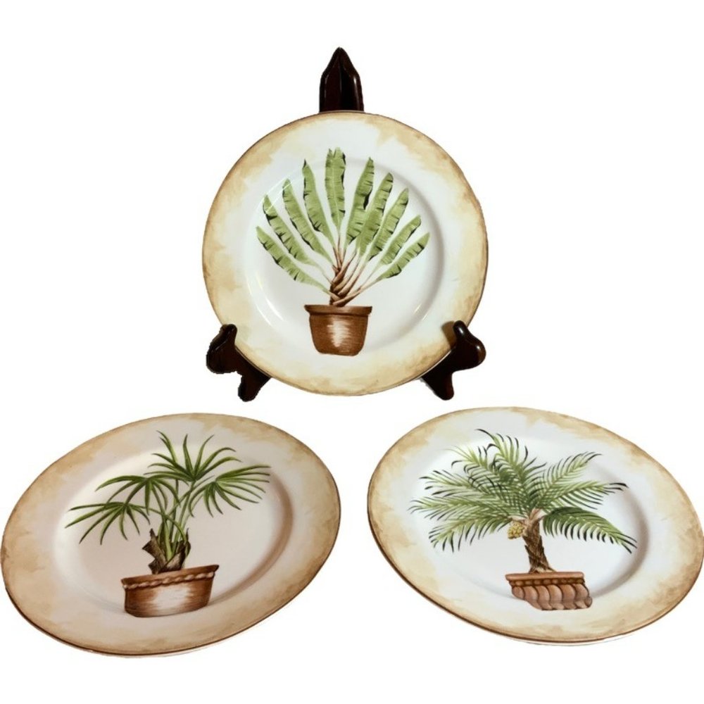 Tropical Palm Tree Plate Set by American Atelier Porcelain Salad Plate 3 8-1/4”
